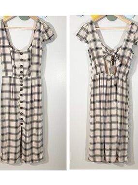 Plaid Button-Front Midi Dress with Back Tie